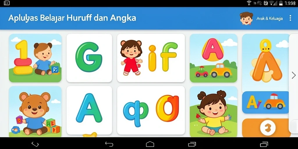 Screenshot antarmuka ID098 yang menarik untuk belajar huruf dan angka.