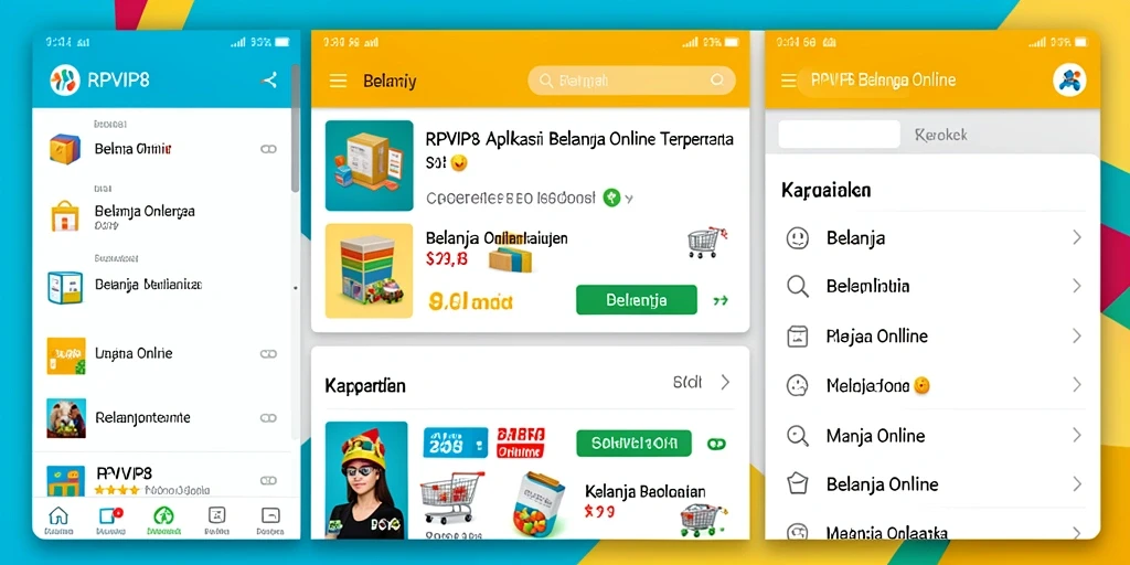 Screenshot antarmuka aplikasi RPVIP8 yang menampilkan berbagai produk Belanja Online.